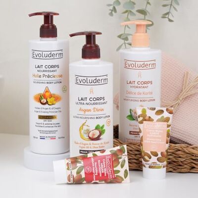 Evoluderm Offre 3 Laits Corps 500ml + 2 Crèmes Mains Offertes Lait Corps Huile Précieuse Argan Karité Ingrédients Naturels Made In France - Publicité Evoluderm Offre 3 Laits Corps 500ml + 2 Crèmes Mains Offertes Lait Corps Huile Précieuse Argan Karité Ingrédients Naturels Made In France - Publicité