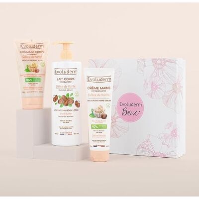 Evoluderm Box Cocooning Délice de Karité Gommage Corps Hydratant + Lait Corps Hydratant + Crème Mains Hydratante Formules d'Origine Naturelle Fabrication Française - Publicité Evoluderm Box Cocooning Délice de Karité Gommage Corps Hydratant + Lait Corps Hydratant + Crème Mains Hydratante Formules d'Origine Naturelle Fabrication Française - Publicité
