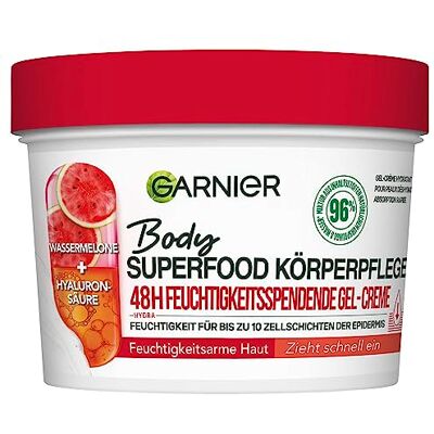 Garnier Soin du corps rafraîchissant pour peaux sèches, beurre corporel à la pastèque et à l'acide hyaluronique, pour jusqu'à 48 heures d'hydratation, super aliment corporel, 1 x 380 ml - Publicité Garnier Soin du corps rafraîchissant pour peaux sèches, beurre corporel à la pastèque et à l'acide hyaluronique, pour jusqu'à 48 heures d'hydratation, super aliment corporel, 1 x 380 ml - Publicité