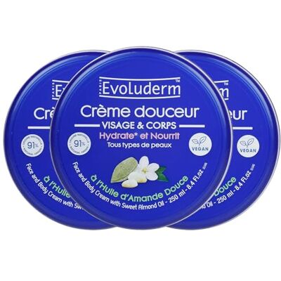 Evoluderm Crème Douceur Visage et Corps 250 ml 91% d'Origine Naturelle Végan Fabrication Française Lot de 3 x 250 ml - Publicité Evoluderm Crème Douceur Visage et Corps 250 ml 91% d'Origine Naturelle Végan Fabrication Française Lot de 3 x 250 ml - Publicité