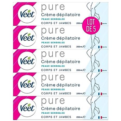 Veet PURE Crème Dépilatoire Corps & Jambes Peaux Sensibles Sans Odeur d'Amoniaque Lot de 5x200ml - Publicité Veet PURE Crème Dépilatoire Corps & Jambes Peaux Sensibles Sans Odeur d'Amoniaque Lot de 5x200ml - Publicité