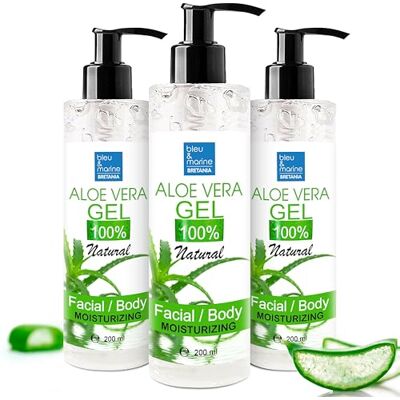 bleu & marine Bretania Gel d'Aloe Vera 100% Naturel, Raffermissant Corps, Anti Rides Visage, Hydratant Peau et Cheveux, Apaisant et Réparateur Cheveux (Après Soleil, Après le Rasage et l'épilation) 3 x 200 ml - Publicité bleu & marine Bretania Gel d'Aloe Vera 100% Naturel, Raffermissant Corps, Anti Rides Visage, Hydratant Peau et Cheveux, Apaisant et Réparateur Cheveux (Après Soleil, Après le Rasage et l'épilation) 3 x 200 ml - Publicité