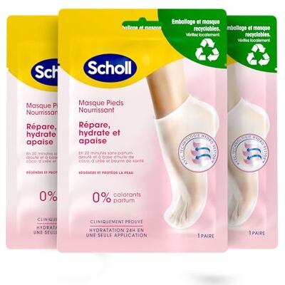 Scholl Masque Pieds Lot de 3 Nourrissant à l'Huile de Noix de Coco: Sans parfum ni colorants pour peaux sèches. Chaussettes hydratantes non grasses, faciles à utiliser. Emballage et masque recyclables - Publicité Scholl Masque Pieds Lot de 3 Nourrissant à l'Huile de Noix de Coco: Sans parfum ni colorants pour peaux sèches. Chaussettes hydratantes non grasses, faciles à utiliser. Emballage et masque recyclables - Publicité
