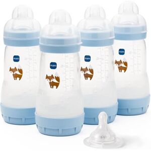 MAM Easy Start Lot de 4 biberons anti-coliques auto-stérilisants à débit moyen Taille 2 + 1 tétine à débit rapide Taille 3 Bleu - Publicité MAM Easy Start Lot de 4 biberons anti-coliques auto-stérilisants à débit moyen Taille 2 + 1 tétine à débit rapide Taille 3 Bleu - Publicité