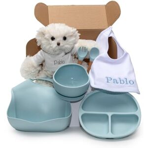 BebeDeParis Cadeaux écologique personnalisé pour bébé, set de cadeaux pour garçon/fille, vaisselle en silicone + accessoires personnalisés (Bleu, Vaisselle + Bavoir + Peluche) - Publicité BebeDeParis Cadeaux écologique personnalisé pour bébé, set de cadeaux pour garçon/fille, vaisselle en silicone + accessoires personnalisés (Bleu, Vaisselle + Bavoir + Peluche) - Publicité