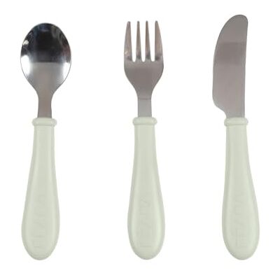Béaba , Set de 3 Couverts Enfant d'Apprentissage Inox 2ème Âge, Dès 12 mois Prise en main facile pour Bébé, Vert de gris - Publicité Béaba , Set de 3 Couverts Enfant d'Apprentissage Inox 2ème Âge, Dès 12 mois Prise en main facile pour Bébé, Vert de gris - Publicité