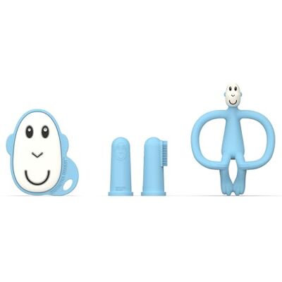 Matchstick Monkey , Antimicrobial Teething Starter Set 1 Flat Face Teether, 1 Animal Teether, 2 Silicone Finger Toothbrushes, 3 Months Old+, Light Blue Monkey - Publicité Matchstick Monkey , Antimicrobial Teething Starter Set 1 Flat Face Teether, 1 Animal Teether, 2 Silicone Finger Toothbrushes, 3 Months Old+, Light Blue Monkey - Publicité