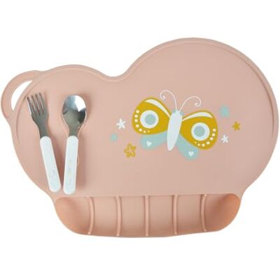 BEBE DOUCEUR , Set de Table Papillon Fantasy Garden avec Récupérateur en Silicone 40 x 28 cm Rose Poudre - Publicité BEBE DOUCEUR , Set de Table Papillon Fantasy Garden avec Récupérateur en Silicone 40 x 28 cm Rose Poudre - Publicité