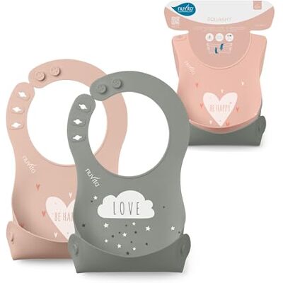 Nuvita 4370 Ensemble de 2 bavoirs en silicone enroulables Rose/Vert - Publicité Nuvita 4370 Ensemble de 2 bavoirs en silicone enroulables Rose/Vert - Publicité