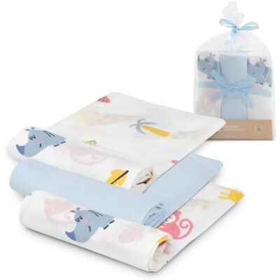Interbaby · Lot 3 Gazes en Bambou JUNGLA bleu pour Nouveau-né et bébé · 55x70 cm · Bambou & Coton - Publicité Interbaby · Lot 3 Gazes en Bambou JUNGLA bleu pour Nouveau-né et bébé · 55x70 cm · Bambou & Coton - Publicité