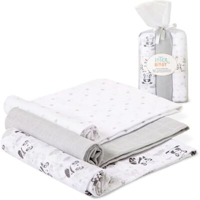 Interbaby Lot de 3 mousselines pour bébé Panda gris - Publicité Interbaby Lot de 3 mousselines pour bébé Panda gris - Publicité