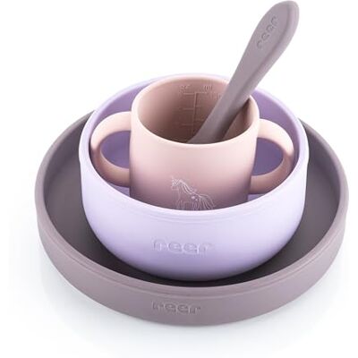 reer Service de table en silicone 4 pièces Assiette, bol, gobelet et cuillère Silicone de qualité alimentaire Convient pour four, micro-ondes et congélateur Passe au lave-vaisselle Violet - Publicité reer Service de table en silicone 4 pièces Assiette, bol, gobelet et cuillère Silicone de qualité alimentaire Convient pour four, micro-ondes et congélateur Passe au lave-vaisselle Violet - Publicité