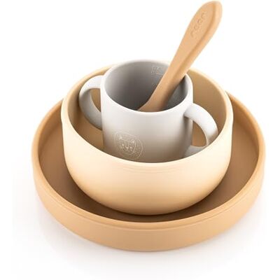 reer Set de vaisselle en silicone 4 pièces Assiette, bol, gobelet et cuillère Silicone de qualité alimentaire Convient pour four, micro-ondes et congélateur Passe au lave-vaisselle Beige - Publicité reer Set de vaisselle en silicone 4 pièces Assiette, bol, gobelet et cuillère Silicone de qualité alimentaire Convient pour four, micro-ondes et congélateur Passe au lave-vaisselle Beige - Publicité