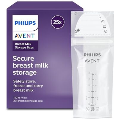 Philips Avent Lot de 25 Sachets de conservation pré-stérilisés sans BPA pour lait maternel, 180ml, 25 pièces, (Modèle SCF603/25) - Publicité Philips Avent Lot de 25 Sachets de conservation pré-stérilisés sans BPA pour lait maternel, 180ml, 25 pièces, (Modèle SCF603/25) - Publicité