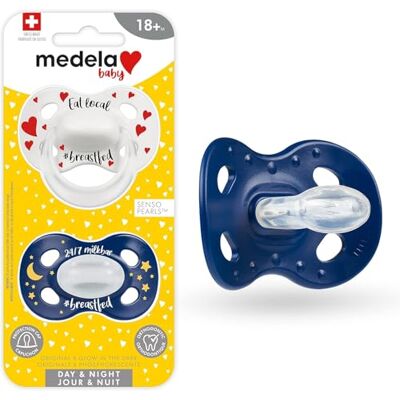 Medela Baby Pacifier Day and Night Glow in The Dark 18+ Months 2-Pack, Lightweight BPA-Free Supports Natural Suckling Eat Local and 24/7 Milkbar - Publicité Medela Baby Pacifier Day and Night Glow in The Dark 18+ Months 2-Pack, Lightweight BPA-Free Supports Natural Suckling Eat Local and 24/7 Milkbar - Publicité