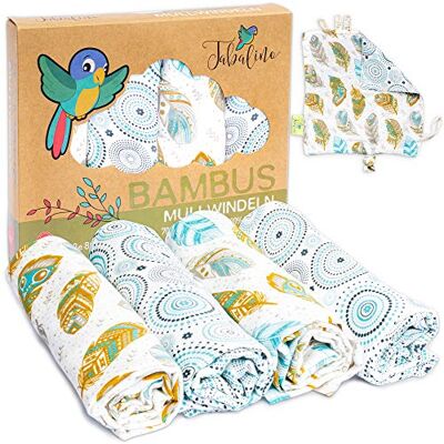 Tabalino Fabuleuses Chiffon Bambou Langes de Gaze/Chiffons/décorés Motifs Souple 80 x 80 cm Pack de 4 avec Doudou Mouchoir et Emballage Cadeau (Plumes et Cercles) - Publicité Tabalino Fabuleuses Chiffon Bambou Langes de Gaze/Chiffons/décorés Motifs Souple 80 x 80 cm Pack de 4 avec Doudou Mouchoir et Emballage Cadeau (Plumes et Cercles) - Publicité