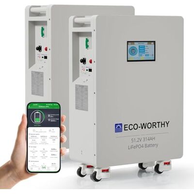 ECO-WORTHY Batterie lithium 48V 314Ah*2, stockage d'énergie 32,2 kWh et disjoncteurs PACE BMS 200A RS485/CAN/RS232 avec Bluetooth/WLAN pour l'alimentation électrique de secours à domicile - Publicité ECO-WORTHY Batterie lithium 48V 314Ah*2, stockage d'énergie 32,2 kWh et disjoncteurs PACE BMS 200A RS485/CAN/RS232 avec Bluetooth/WLAN pour l'alimentation électrique de secours à domicile - Publicité