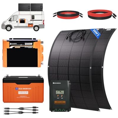 ECO-WORTHY 4019Wh Kit Panneau Solaire Camping-Car: Batterie Lithium 12v 314ah Lifepo4+2*Panneau Solaire Souple 200W+Régulateur MPPT 40A+Onduleur 2000W, Alimentez votre réfrigérateur et votre cafetière - Publicité ECO-WORTHY 4019Wh Kit Panneau Solaire Camping-Car: Batterie Lithium 12v 314ah Lifepo4+2*Panneau Solaire Souple 200W+Régulateur MPPT 40A+Onduleur 2000W, Alimentez votre réfrigérateur et votre cafetière - Publicité