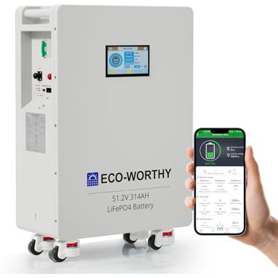 ECO-WORTHY Batterie 48V 314Ah LiFePO4, stockage d'énergie 16,1 kWh et disjoncteurs PACE BMS 200A RS485/CAN/RS232 avec Bluetooth/WLAN pour l'alimentation électrique de secours à domicile - Publicité ECO-WORTHY Batterie 48V 314Ah LiFePO4, stockage d'énergie 16,1 kWh et disjoncteurs PACE BMS 200A RS485/CAN/RS232 avec Bluetooth/WLAN pour l'alimentation électrique de secours à domicile - Publicité