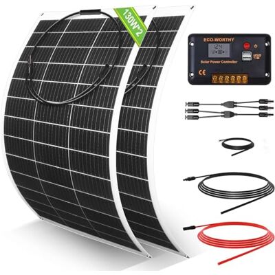 ECO-WORTHY Kit Panneau Solaire Souple 260W 12V Système Hors Réseau : 2PCS Panneau Solaire Flexible 130 W + 30 A écran LCD + 5 m câble solaire pour caravane, camping-car, bateau, cabine - Publicité ECO-WORTHY Kit Panneau Solaire Souple 260W 12V Système Hors Réseau : 2PCS Panneau Solaire Flexible 130 W + 30 A écran LCD + 5 m câble solaire pour caravane, camping-car, bateau, cabine - Publicité