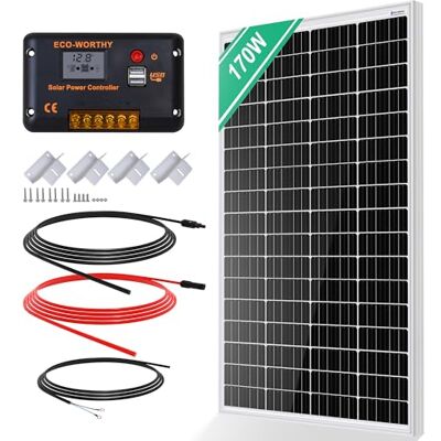 ECO-WORTHY Kit de Panneau Solaire 170W 12V pour Camping-car, Fourgon Aménagé, Maison, Bateau, Jardin Remorque: Panneau Solaire 170W*1+Contrôleur 30A PWM+Supports de Montage en Z+Câble Solaire 5m - Publicité ECO-WORTHY Kit de Panneau Solaire 170W 12V pour Camping-car, Fourgon Aménagé, Maison, Bateau, Jardin Remorque: Panneau Solaire 170W*1+Contrôleur 30A PWM+Supports de Montage en Z+Câble Solaire 5m - Publicité