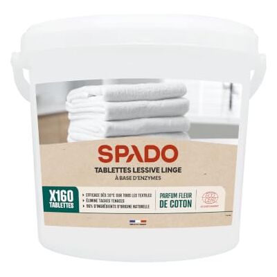SPADO Tablettes Lessive Linge Parfum Fleur de Coton Enzymes & Oxygène Actif Efficaces dès 30°C Blanc & Couleurs x160 - Publicité SPADO Tablettes Lessive Linge Parfum Fleur de Coton Enzymes & Oxygène Actif Efficaces dès 30°C Blanc & Couleurs x160 - Publicité