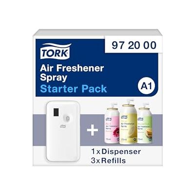 Tork Starter Pack pour Spray Désodorisant 972000 A1 Distributeur + Recharges d'Aérosol Désodorisant (3 x 75 mL) - Publicité Tork Starter Pack pour Spray Désodorisant 972000 A1 Distributeur + Recharges d'Aérosol Désodorisant (3 x 75 mL) - Publicité