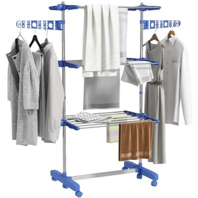 HOMCOM Séchoir à Linge Étendoir Pliable 3 Niveaux 142 x 55 x 152 cm Bleu 6 Roulettes, Cadre en Acier Inoxydable, Ailes Latérales, pour Intérieur Extérieur - Publicité HOMCOM Séchoir à Linge Étendoir Pliable 3 Niveaux 142 x 55 x 152 cm Bleu 6 Roulettes, Cadre en Acier Inoxydable, Ailes Latérales, pour Intérieur Extérieur - Publicité