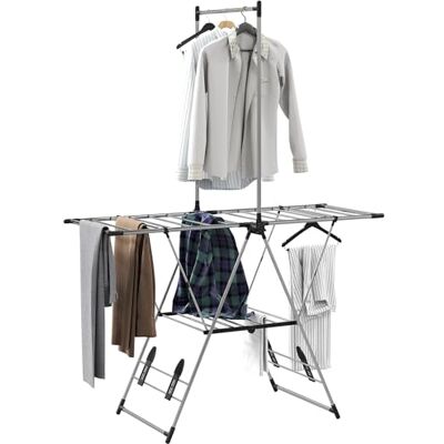 HOMCOM Séchoir à Linge Étendoir Pliable Ailes Réglables Argenté 5 Niveaux, 4 Supports à Chaussures, Structure en Acier Inoxydable, pour Intérieur et Extérieur - Publicité HOMCOM Séchoir à Linge Étendoir Pliable Ailes Réglables Argenté 5 Niveaux, 4 Supports à Chaussures, Structure en Acier Inoxydable, pour Intérieur et Extérieur - Publicité
