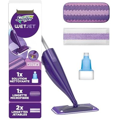 Swiffer Balai WetJet Kit Démarrage + 1 lingette microfibre lavable 1 balai, 1 lingette micro-fibre lavable, lingettes jetables, 1 solution nettoyante. Publicité Swiffer Balai WetJet Kit Démarrage + 1 lingette microfibre lavable 1 balai, 1 lingette micro-fibre lavable, lingettes jetables, 1 solution nettoyante. Publicité