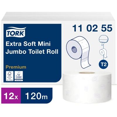 Tork Papier Toilette mini Jumbo extra-doux blanc T2, Premium, 3 plis, 12 x 120 m, 110255 - Publicité Tork Papier Toilette mini Jumbo extra-doux blanc T2, Premium, 3 plis, 12 x 120 m, 110255 - Publicité
