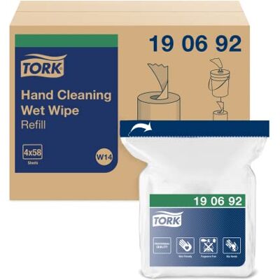Tork Lingettes imprégnées pour le nettoyage des mains, recharge pour distributeur de lingettes, 190692, 4 x 58 lingettes humides, W14, 1 épaisseur, blanc - Publicité Tork Lingettes imprégnées pour le nettoyage des mains, recharge pour distributeur de lingettes, 190692, 4 x 58 lingettes humides, W14, 1 épaisseur, blanc - Publicité