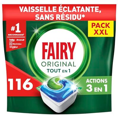 FAIRY Original Tablettes Lave-Vaisselle Tout-en-1, 116 Tablettes, Sans Parfum, Efficaces Contre La Graisse Incrustée, Dissolution Ultra-Rapide, Sans Odeur ni Résidus - Publicité FAIRY Original Tablettes Lave-Vaisselle Tout-en-1, 116 Tablettes, Sans Parfum, Efficaces Contre La Graisse Incrustée, Dissolution Ultra-Rapide, Sans Odeur ni Résidus - Publicité