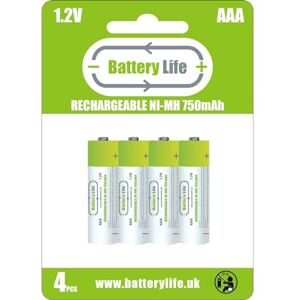 Battery Life Lot de 4 piles rechargeables AAA 750 mAh Ni-MH 1,2 V - Publicité Battery Life Lot de 4 piles rechargeables AAA 750 mAh Ni-MH 1,2 V - Publicité