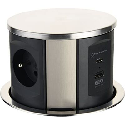 Electraline 35446 Bloc Multiprise escamotable Plan de Travail avec 3 16A Norme française + 2 3.1A A + 1 USB Type C 15.5W, Prise Encastrable pour Cuisine, Diamètre 120mm, 2M, Noir, Vertical - Publicité Electraline 35446 Bloc Multiprise escamotable Plan de Travail avec 3 16A Norme française + 2 3.1A A + 1 USB Type C 15.5W, Prise Encastrable pour Cuisine, Diamètre 120mm, 2M, Noir, Vertical - Publicité
