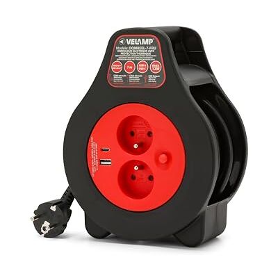 Velamp enrouleur de câble électrique 7 mètres 2 prises French type 2P+T + port USB câble 1,0 mm² protection thermique, corps compact intérieur - Publicité Velamp enrouleur de câble électrique 7 mètres 2 prises French type 2P+T + port USB câble 1,0 mm² protection thermique, corps compact intérieur - Publicité