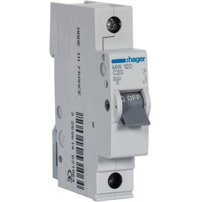 Disjoncteur Hager MW120 - 1P, 20A, C, 3kA, 230-400V - Publicité Disjoncteur Hager MW120 - 1P, 20A, C, 3kA, 230-400V - Publicité