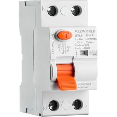 A2ZWORLD Interrupteur Différentiel Type F 40A 30mA 1P+N 6kA, 2 Modules DIN, Haute Immunité Onduleur Monophasé, Climatiseur, Pompe - Publicité A2ZWORLD Interrupteur Différentiel Type F 40A 30mA 1P+N 6kA, 2 Modules DIN, Haute Immunité Onduleur Monophasé, Climatiseur, Pompe - Publicité