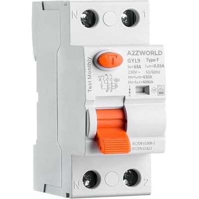 A2ZWORLD Interrupteur Différentiel Type F 63A 30mA 1P+N 6kA, 2 Modules DIN, Haute Immunité Onduleur Monophasé, Climatiseur, Pompe - Publicité A2ZWORLD Interrupteur Différentiel Type F 63A 30mA 1P+N 6kA, 2 Modules DIN, Haute Immunité Onduleur Monophasé, Climatiseur, Pompe - Publicité
