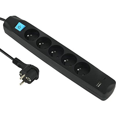 Electraline 35615 Bloc Multiprise 5 Prises Françaises + 2 USB 3.4A 17W A + 1 Type C, avec Interrupteur on/Off, Fiche Extra Plate 90° 16A, Câble 1.5M, Noir - Publicité Electraline 35615 Bloc Multiprise 5 Prises Françaises + 2 USB 3.4A 17W A + 1 Type C, avec Interrupteur on/Off, Fiche Extra Plate 90° 16A, Câble 1.5M, Noir - Publicité