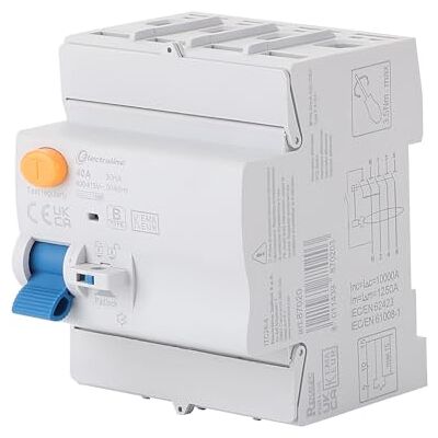 Electraline 87020 Disjoncteur différentiel 40 A, sensibilité 30 mA, 10 kA triphasé – Type F - Publicité Electraline 87020 Disjoncteur différentiel 40 A, sensibilité 30 mA, 10 kA triphasé – Type F - Publicité