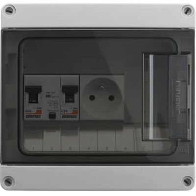 DEBFLEX Coffret Electrique Etanche Tableau Electrique 8 Modules 1 Interrupteur Différentiel 40A/AC + 1 Disjoncteur 16A + 1 Prise Idéal Extérieur/Jardin Pose en Saillie 196 x 190 x 120mm - Publicité DEBFLEX Coffret Electrique Etanche Tableau Electrique 8 Modules 1 Interrupteur Différentiel 40A/AC + 1 Disjoncteur 16A + 1 Prise Idéal Extérieur/Jardin Pose en Saillie 196 x 190 x 120mm - Publicité