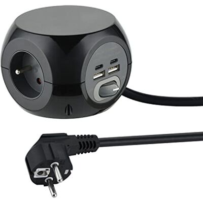 Electraline 35441 Mini Cube avec 4 Ports USB 3.4A (2 type A + 2 type C), Bloc 3 Prises avec Interrupteur, Rallonge Multiprise 3M - Publicité Electraline 35441 Mini Cube avec 4 Ports USB 3.4A (2 type A + 2 type C), Bloc 3 Prises avec Interrupteur, Rallonge Multiprise 3M - Publicité