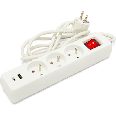 Velamp Multiprise française 3 sorties 2P+T et 2 prises USB Câble 1,5 m - Publicité Velamp Multiprise française 3 sorties 2P+T et 2 prises USB Câble 1,5 m - Publicité