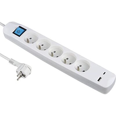 Electraline 35614 Bloc Multiprise 5 Prises Françaises + 2 USB 3.4A 17W A + 1 Type C, avec Interrupteur on/Off, Fiche Extra Plate 90° 16A, Câble 1.5M, Blanc - Publicité Electraline 35614 Bloc Multiprise 5 Prises Françaises + 2 USB 3.4A 17W A + 1 Type C, avec Interrupteur on/Off, Fiche Extra Plate 90° 16A, Câble 1.5M, Blanc - Publicité