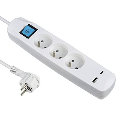 Electraline 35604 Bloc Multiprise 3 Prises Françaises + 2 USB 3.4A 17W (1 Type A + 1 Type C), Avec interrupteur ON/OFF, Fiche Extra Plate 90° 16A, Câble 1.5M - Publicité Electraline 35604 Bloc Multiprise 3 Prises Françaises + 2 USB 3.4A 17W (1 Type A + 1 Type C), Avec interrupteur ON/OFF, Fiche Extra Plate 90° 16A, Câble 1.5M - Publicité