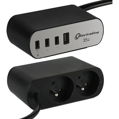 Electraline 35461 Bloc Multiprise pour Bureaux Electradock avec 2 Prises Françaises + 4 USB (3 USB C (Power Delivery) PD35W + 1 USB A QC) + 1 support de bureau inclus - Publicité Electraline 35461 Bloc Multiprise pour Bureaux Electradock avec 2 Prises Françaises + 4 USB (3 USB C (Power Delivery) PD35W + 1 USB A QC) + 1 support de bureau inclus - Publicité