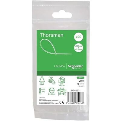 Schneider Electric Collier serre-cable translucide 100x2.5mm (blister de 20) pour fixation de fils et cables Ø 20mm max PA6.6 anti-UV Thorsman - Publicité Schneider Electric Collier serre-cable translucide 100x2.5mm (blister de 20) pour fixation de fils et cables Ø 20mm max PA6.6 anti-UV Thorsman - Publicité