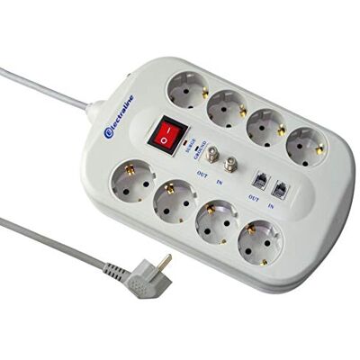 Electraline 62113 Bloc 8 Schuko Fax/Modem + 2 Prises TV avec Interrupteur Protecteur, surcharges Filtre émi/RFI Câble 3G1 1,5 m Gris - Publicité Electraline 62113 Bloc 8 Schuko Fax/Modem + 2 Prises TV avec Interrupteur Protecteur, surcharges Filtre émi/RFI Câble 3G1 1,5 m Gris - Publicité