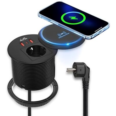 Strixorn Prise encastrable avec USB C, prise de bureau, prise de table de 80 mm avec couvercle, 2 ports USB-A PD 20 W et charge sans fil 15 W, câble d'alimentation de 1,8 m, prise pour meubles, plan de travail - Publicité Strixorn Prise encastrable avec USB C, prise de bureau, prise de table de 80 mm avec couvercle, 2 ports USB-A PD 20 W et charge sans fil 15 W, câble d'alimentation de 1,8 m, prise pour meubles, plan de travail - Publicité